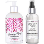 IntiMD Coochy Plus Intimate Shaving Complete Kit front view featuring pink leopard print bottles