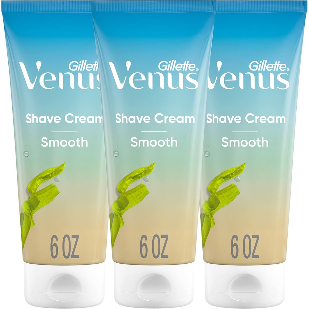 Gillette Venus Smooth plus Olay Shaving Cream for Women three count pack front view showcasing product branding