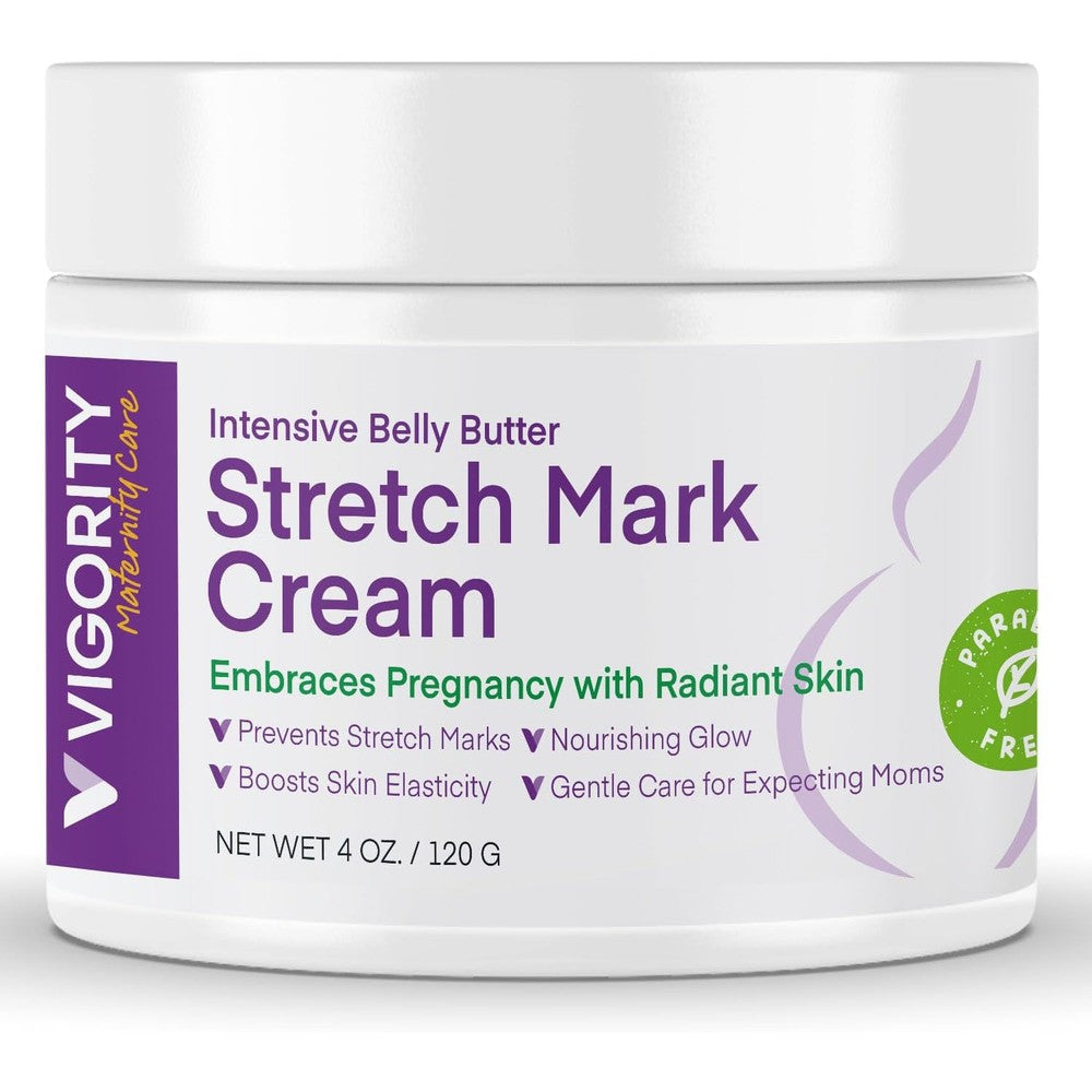 Vigority Maternity Care Intensive Belly Butter front view of four ounce jar for pregnancy stretch mark prevention