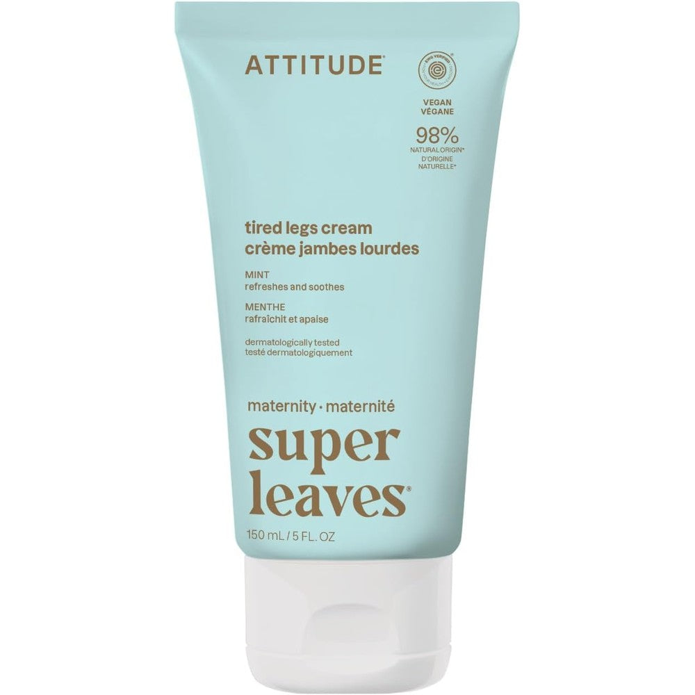 ATTITUDE Pregnancy Tired Legs Cream front view of the 5 fluid ounce tube packaging.