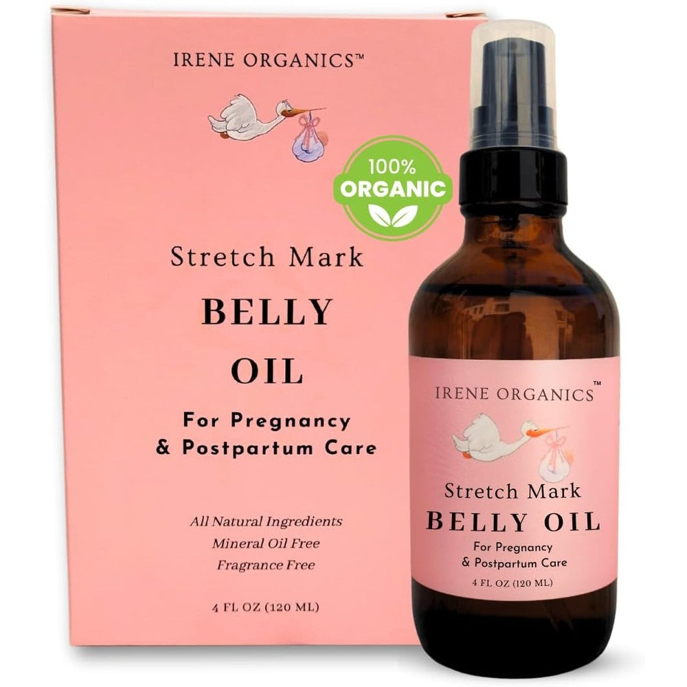 Irene Organics Organic Belly Oil front view bottle for pregnancy stretch mark prevention