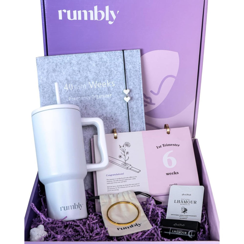 Rumbly First Trimester Mom to Be Essentials Box packaging front view showing lavender gift presentation.