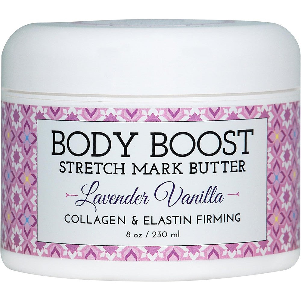 Body Boost Lavender Vanilla Stretch Mark Butter 8 Ounce front view jar for pregnancy skin care