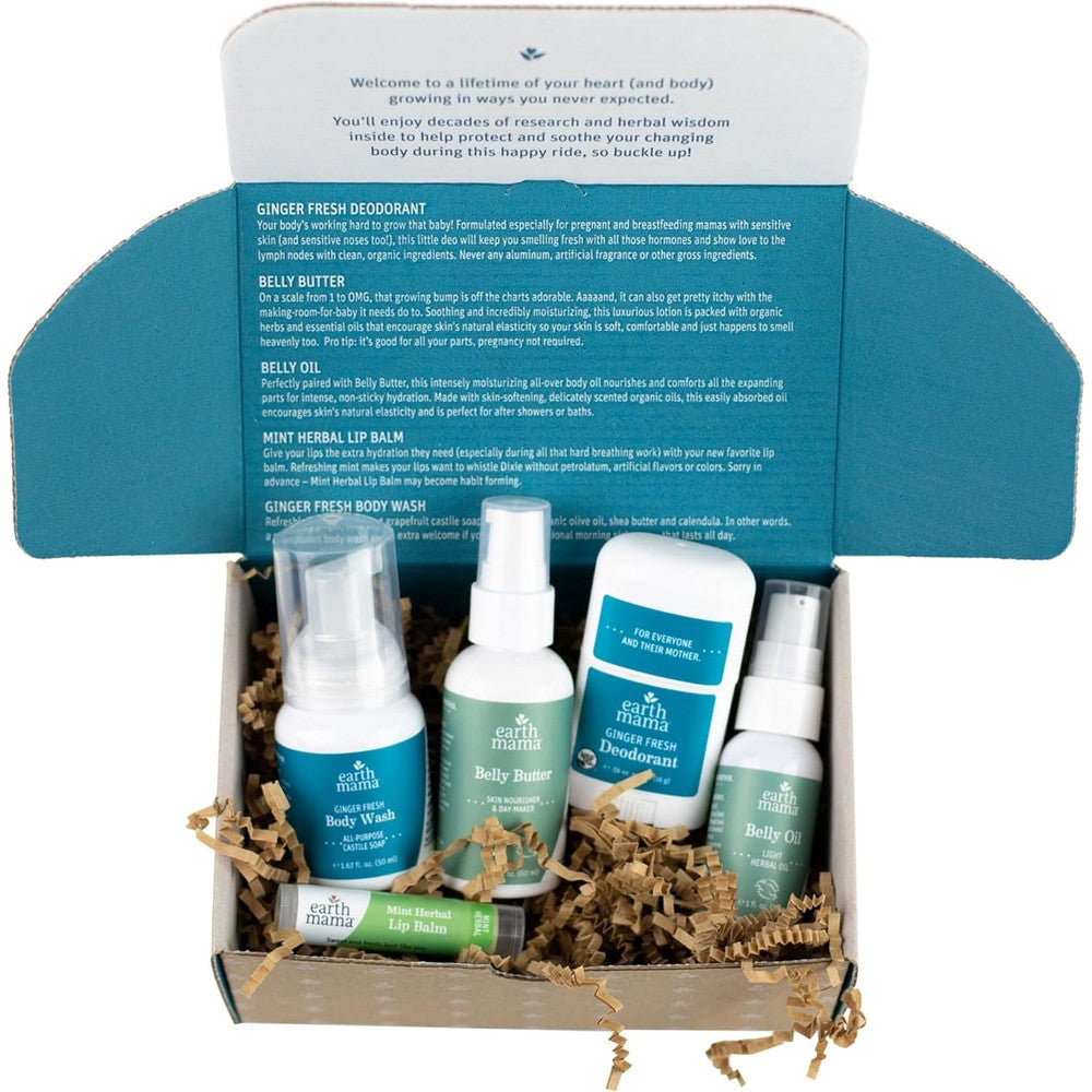Earth Mama A Little Something For Mama To Be Gift Box front view packaging showing the five included travel size pregnancy skincare items.