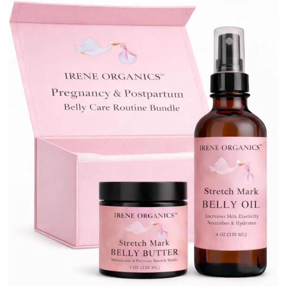 Irene Organics Belly Bundle front view showing organic pregnancy stretch mark butter and oil packaging.