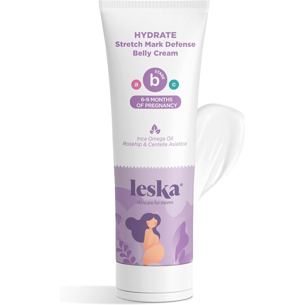Leska Stage B Hydrate Stretch Mark Defense Belly Cream front view of the four ounce bottle