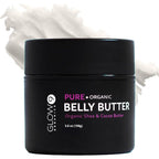 Glow Organics Belly Butter front view of jar for pregnancy stretch mark prevention.