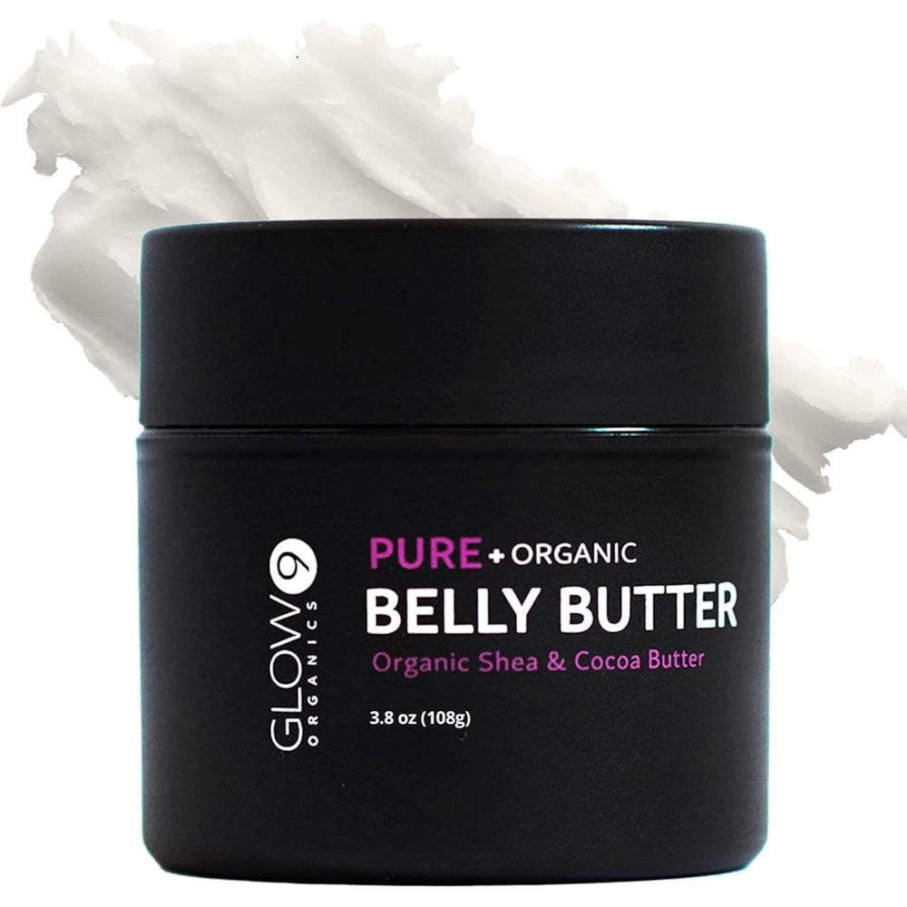 Glow Organics Belly Butter front view of jar for pregnancy stretch mark prevention.