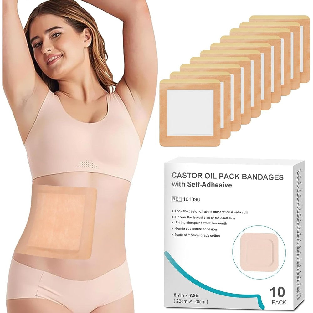 ZELIER Castor Oil Pack Wrap front view showing the retail packaging of the ten count disposable patches.