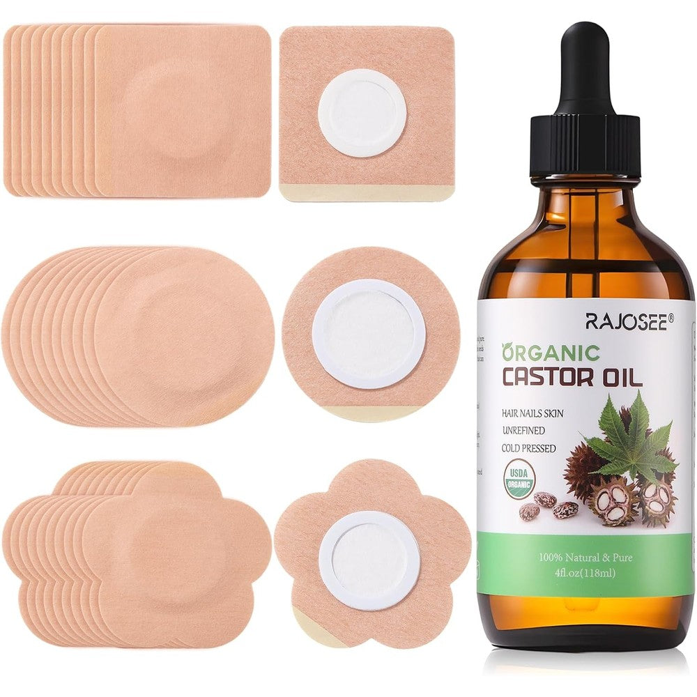Rajosee castor oil pack wrap for belly button front view with glass bottle