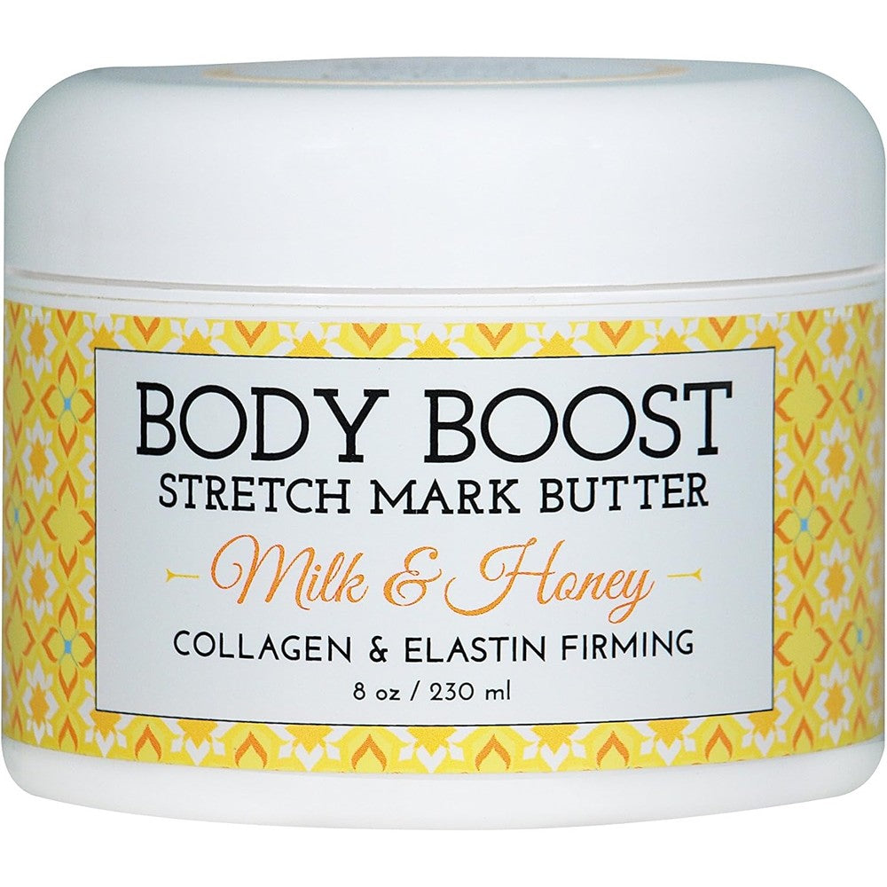 Body Boost Milk and Honey Stretch Mark Butter front view pregnancy safe skincare jar