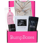 Bump Boxes Second Trimester Pregnancy Gift Set front view showing the complete care package items out of the box.