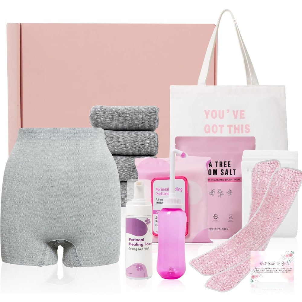 Softca Postpartum Essentials Kit front view showing complete packaging box and canvas bag.