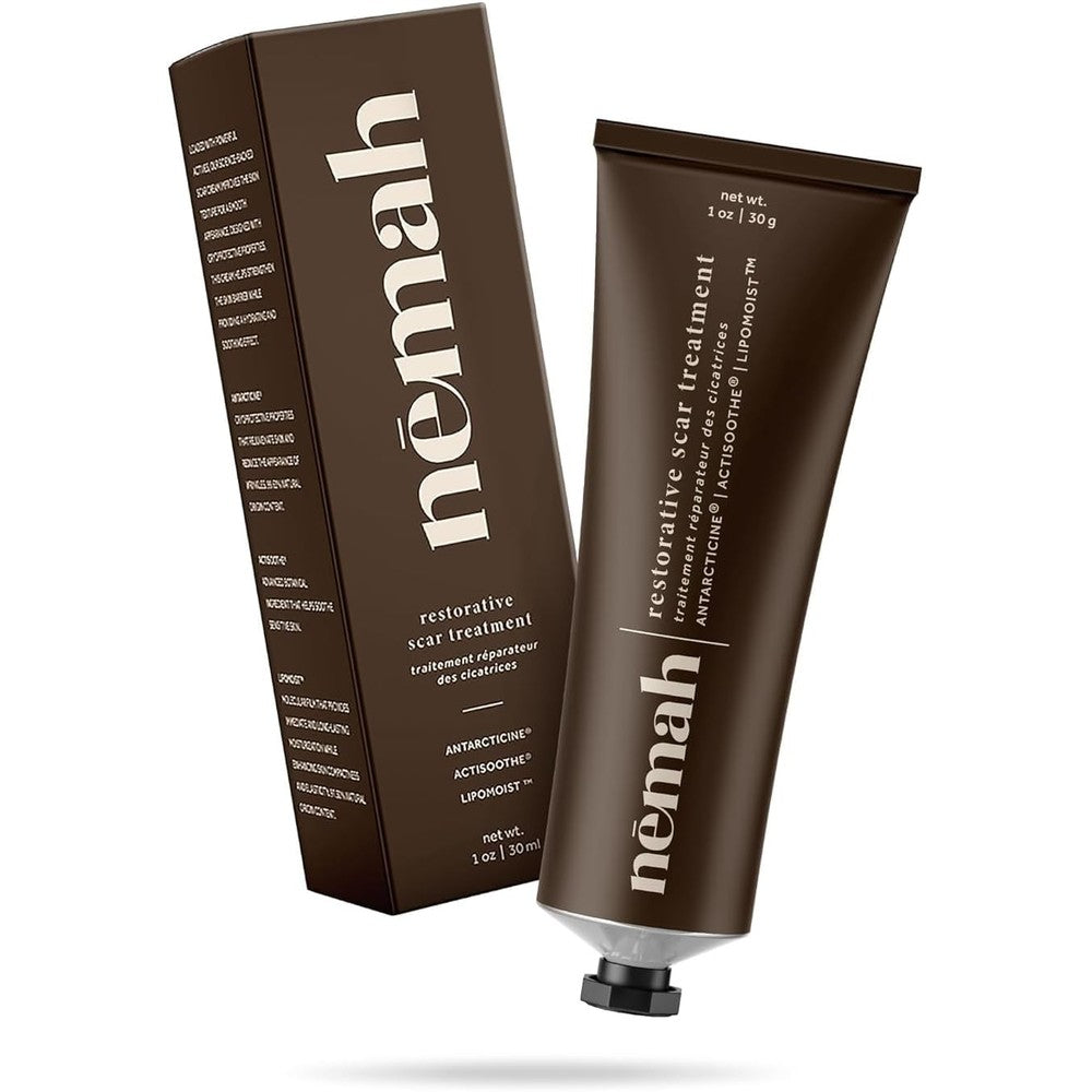 Nemah Restorative Scar Treatment Cream tube front view for advanced postpartum skin recovery.