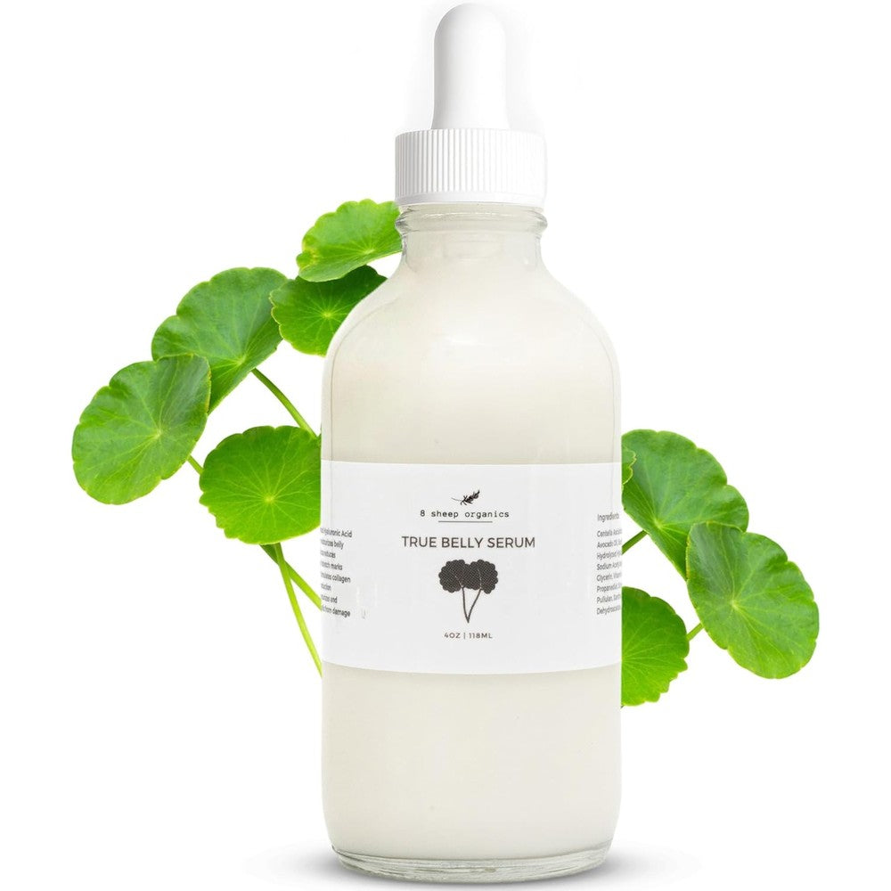 8 Sheep Organics True Belly Serum front view of the bottle for stretch mark prevention.