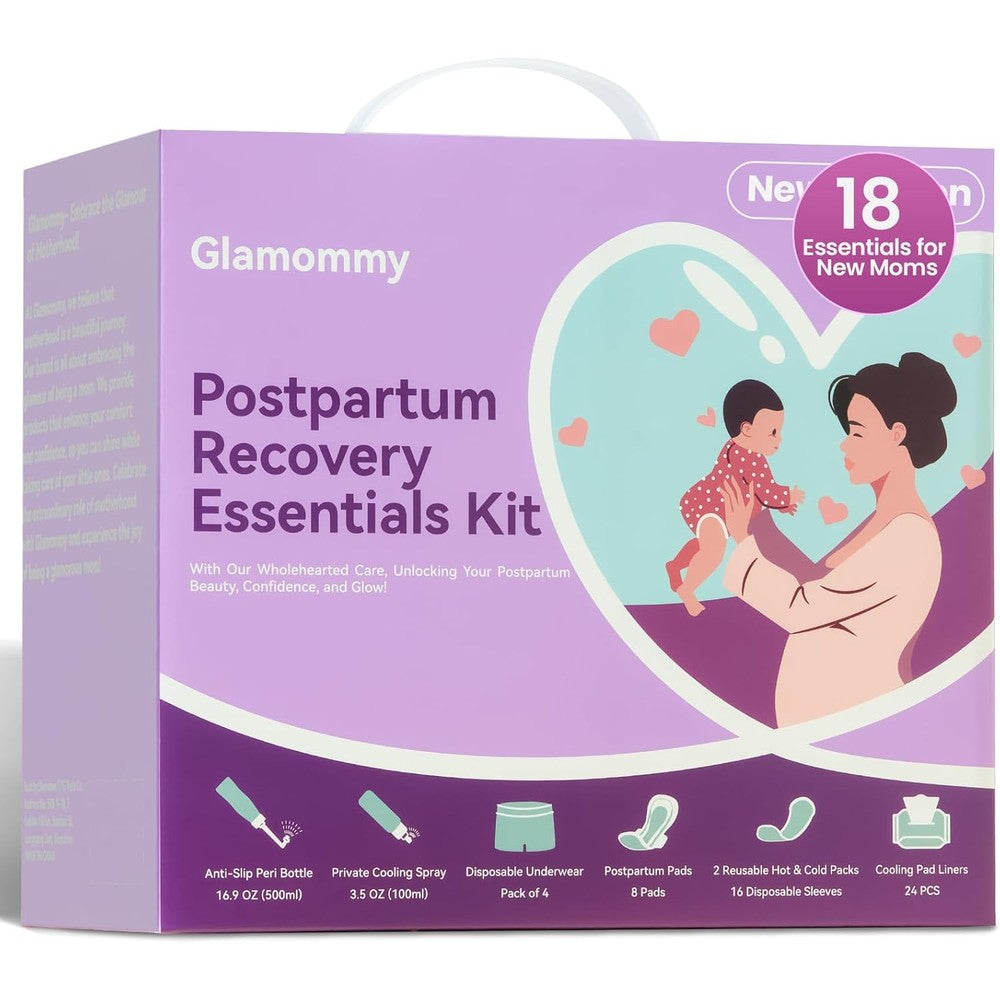 Glamommy Postpartum Recovery Essentials Kit front view of purple gift packaging box with handle