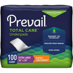 Prevail Super Absorbency Incontinence Underpads 100 count front packaging showing heavy absorbency.