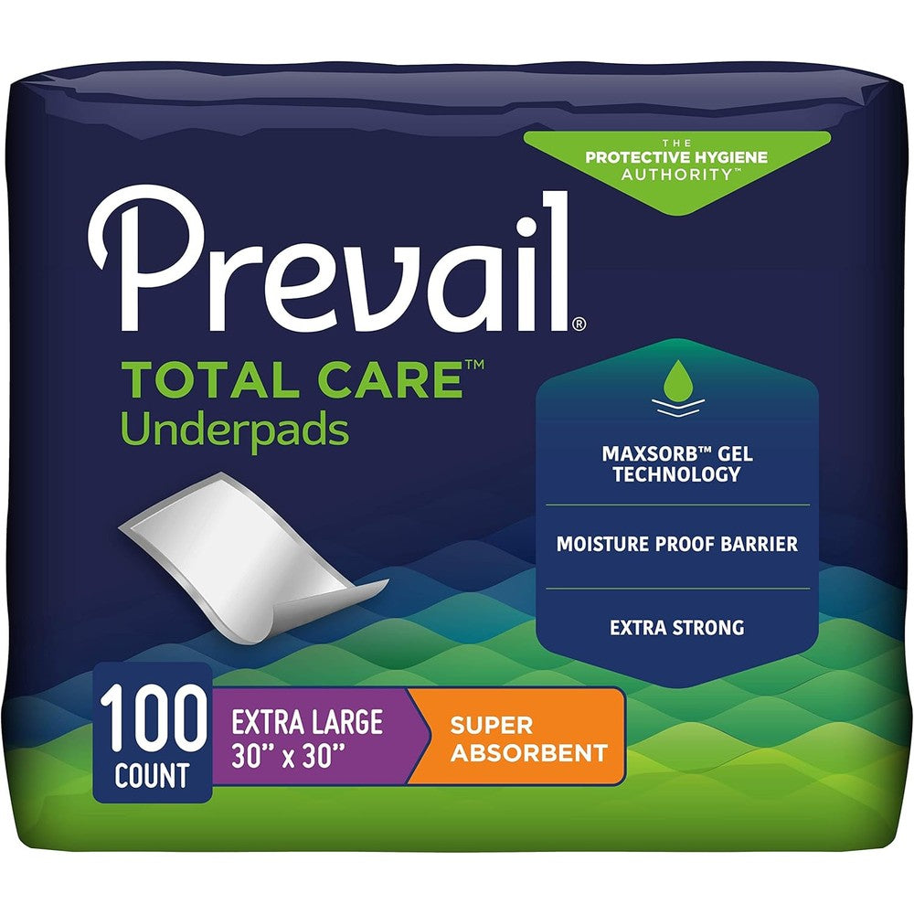 Prevail Super Absorbency Incontinence Underpads 100 count front packaging showing heavy absorbency.