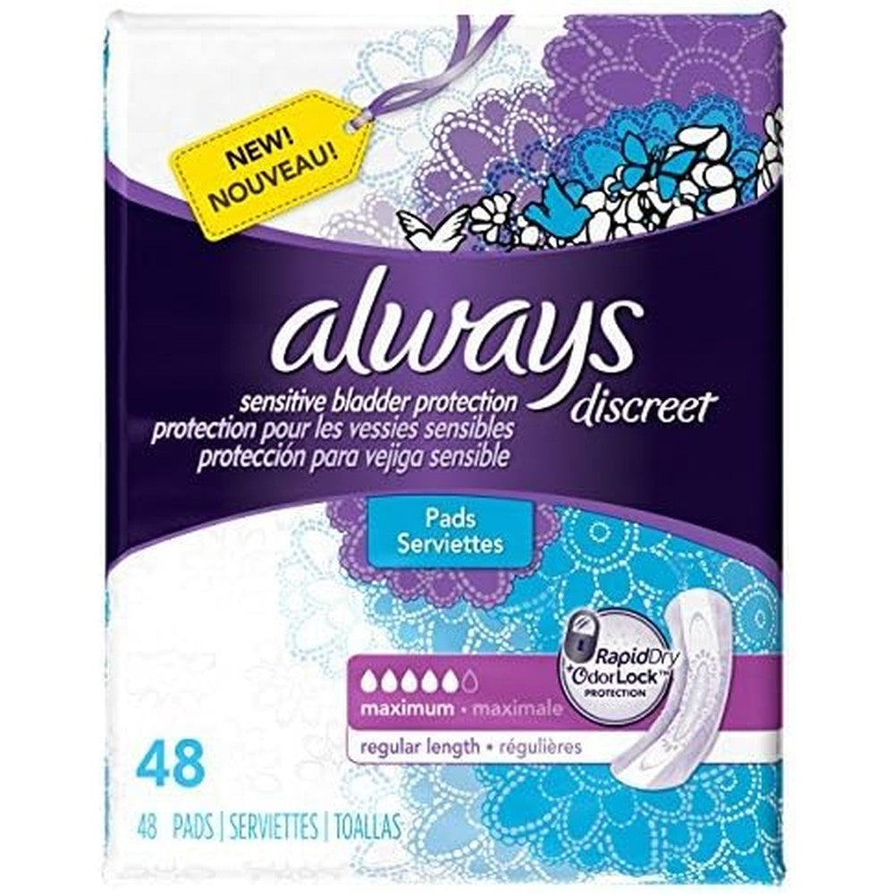 Always Discreet Incontinence Pads Maximum Regular 48 Count front view package for authentic USA personal care.