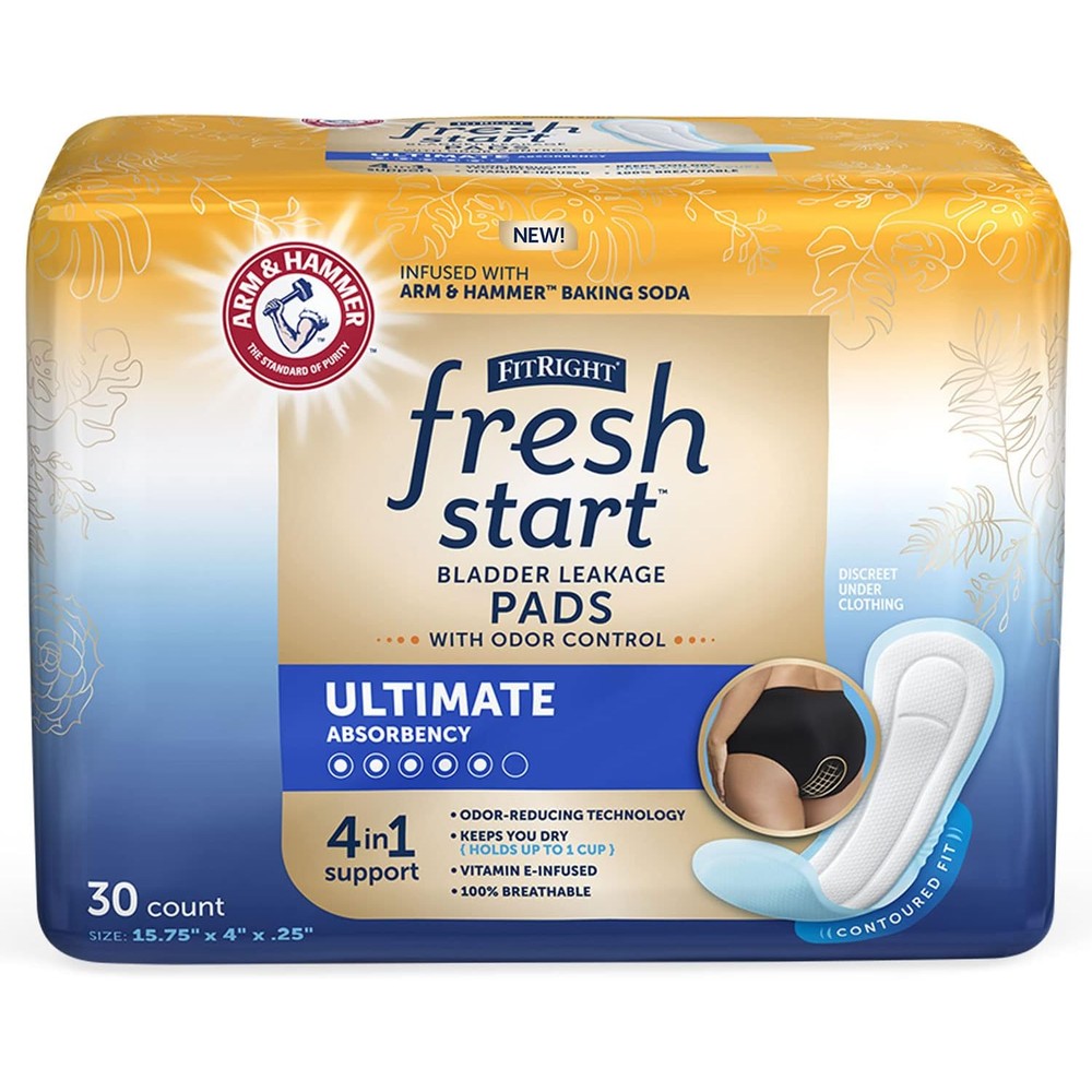Fresh Start FitRight postpartum and incontinence pads ultimate absorbency thirty count front packaging view