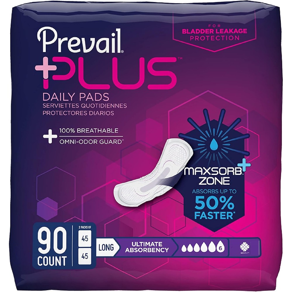 Prevail Plus Long Length Incontinence Bladder Control Pads front packaging view showing ultimate absorbency rating