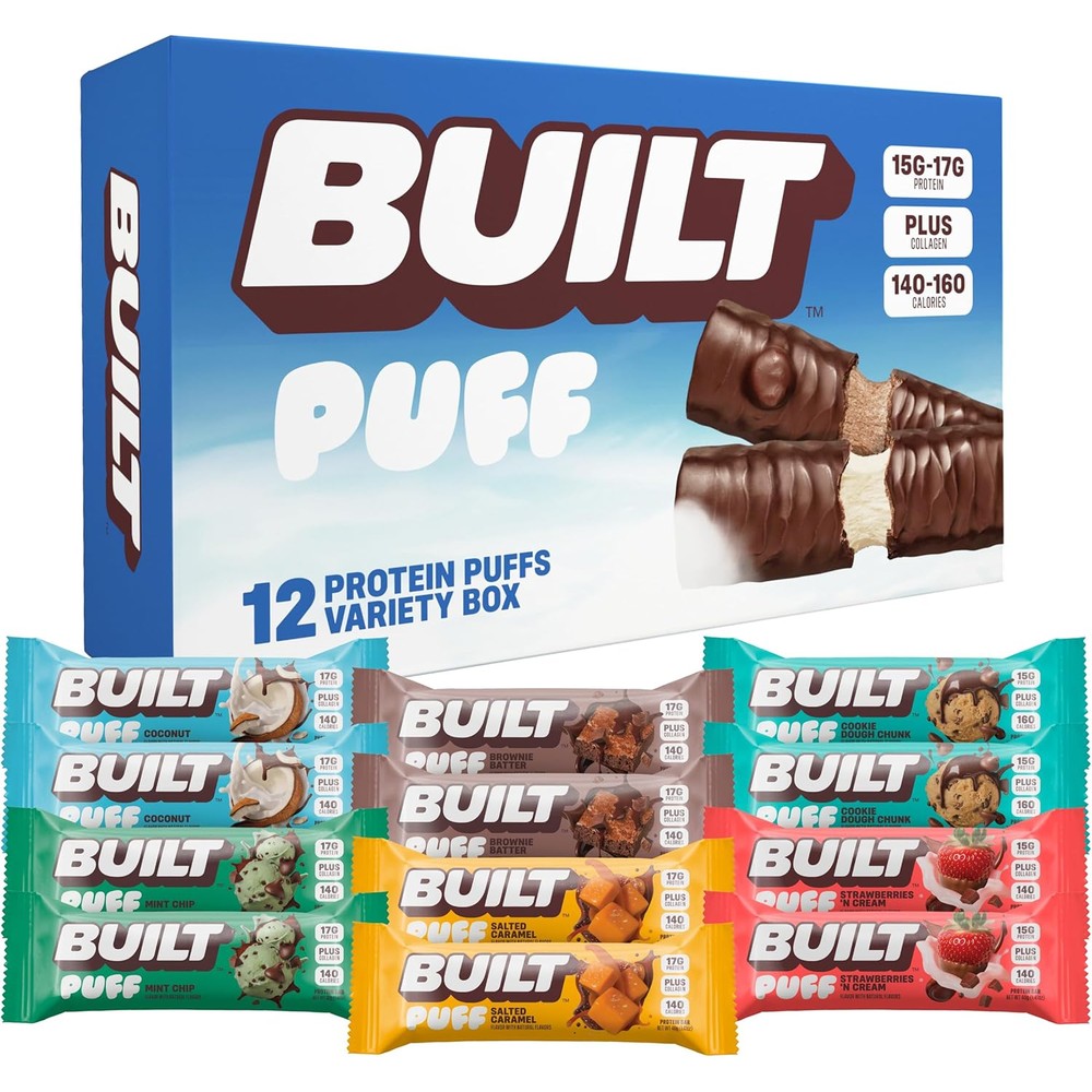 BUILT Bar Puffs Variety Pack Collagen Protein Snack Bars, Calorie Conscious