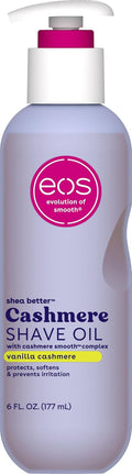 Eos Cashmere Shave Oil Vanilla Cashmere 6 Fluid Ounce front view bottle for sensitive skin protection