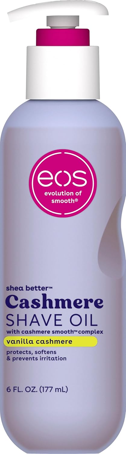 Eos Cashmere Shave Oil Vanilla Cashmere 6 Fluid Ounce front view bottle for sensitive skin protection